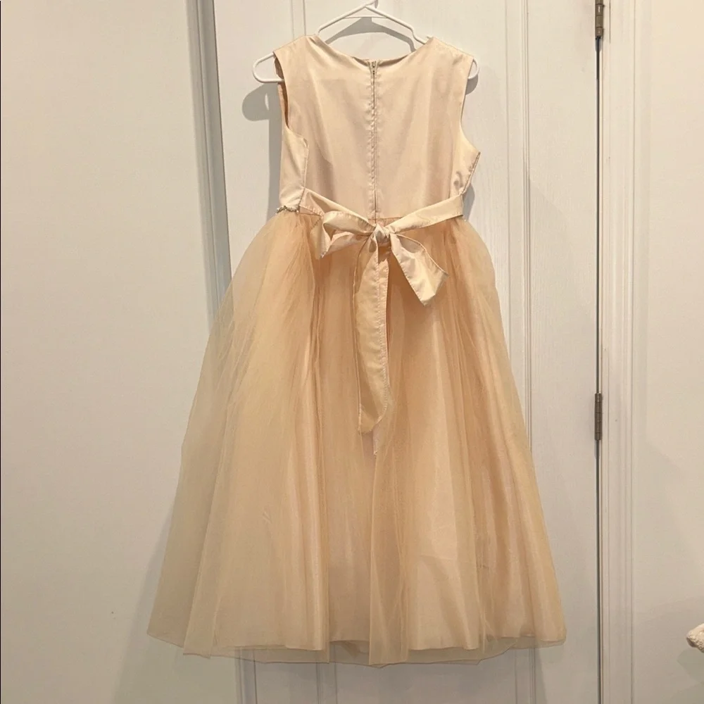 Kid’s Dream Satin Top Girls Dress with Wavy Rhinestone & Pearl Trim, Size 18.5